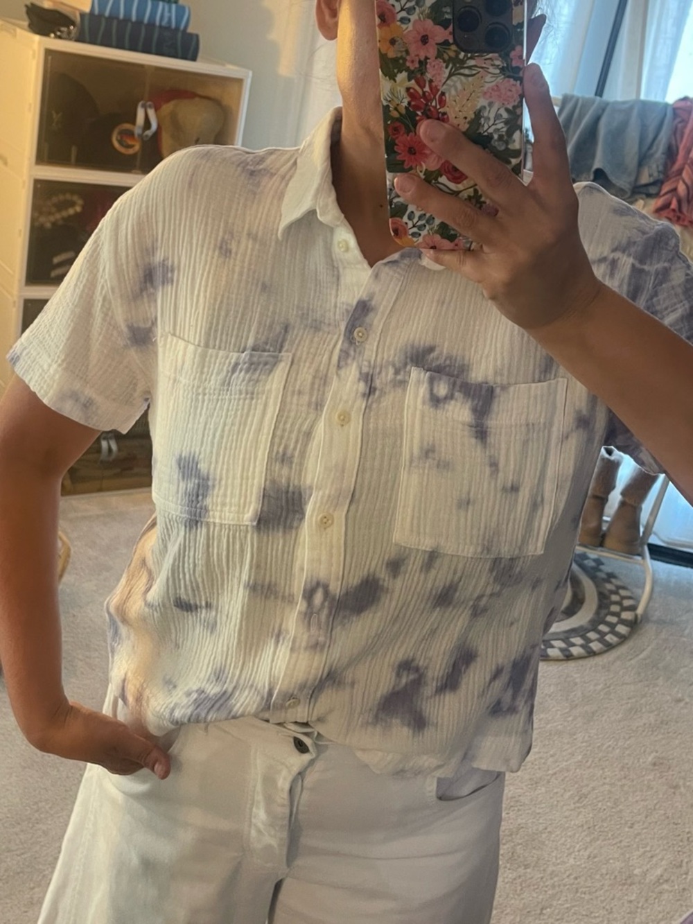 Madewell Short-Sleeve Button-Down Shirt in Light Purple and White Tie-Dye